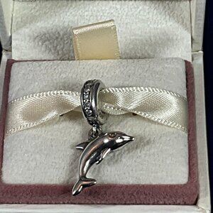 NWOT RETIRED Pandora Sterling Silver Playful Dolphin Dangle Charm 791541CZ